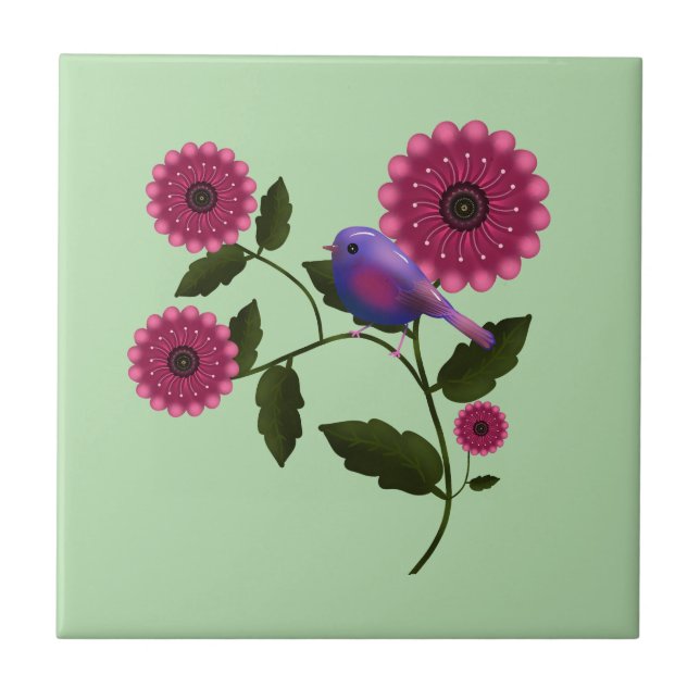 Vibrant Spring Floral with Cute Purple Bird Art Ceramic Tile (Front)