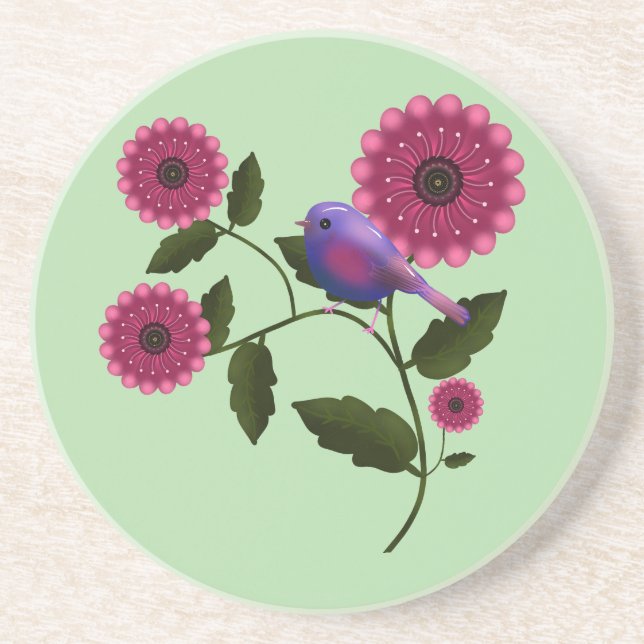 Vibrant Spring Floral with Cute Purple Bird Art Coaster (Front)