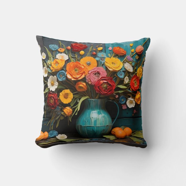 Vibrant Spring Flowers Painting Throw Pillow (Front)