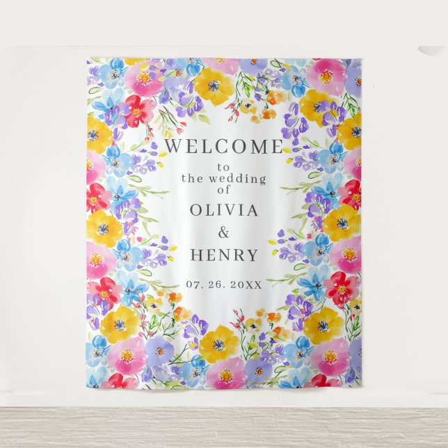 Vibrant Spring Watercolor Flowers Welcome Wedding Tapestry (Front)
