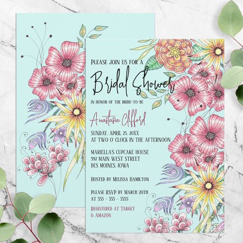 Vibrant Spring Wildflowers on Teal Bridal Shower Invitation