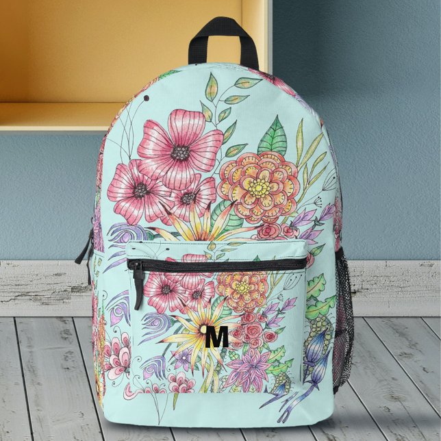 Vibrant Spring Wildflowers on Teal Monogrammed Printed Backpack (Creator Uploaded)