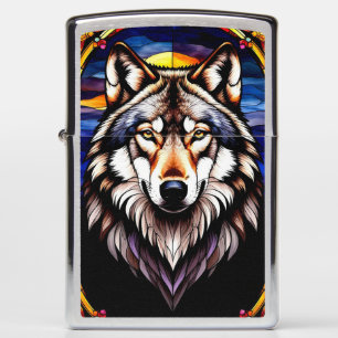 Vibrant Stained Glass Art Depicting Majestic Wolf Zippo Lighter