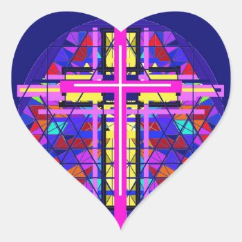 Vibrant Stained Glass Christian Cross. Heart Sticker by religiononline at Zazzle
