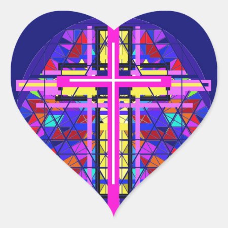 Vibrant Stained Glass Christian Cross. Heart Sticker