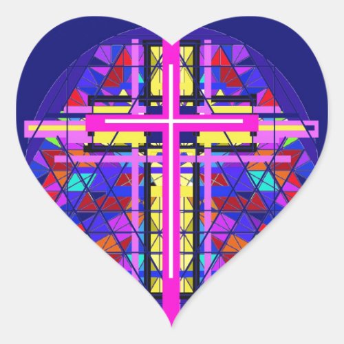 Vibrant Stained Glass Christian Cross Heart Sticker