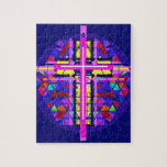 Vibrant Stained Glass Christian Cross. Jigsaw Puzzle at Zazzle