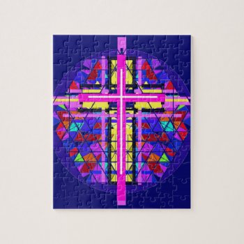 Vibrant Stained Glass Christian Cross. Jigsaw Puzzle by religiononline at Zazzle