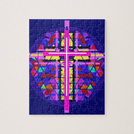 Vibrant Stained Glass Christian Cross. Jigsaw Puzzle