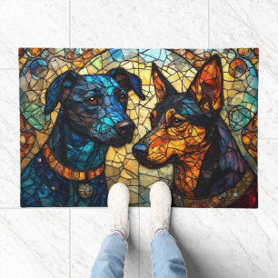 Vibrant Stained Glass Depicting Dogs Doormat