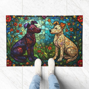 Vibrant Stained Glass Depicting Dogs Doormat