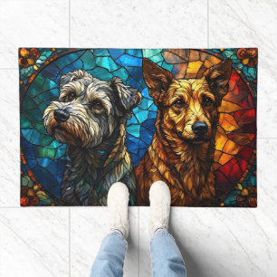Vibrant Stained Glass Depicting Dogs Doormat