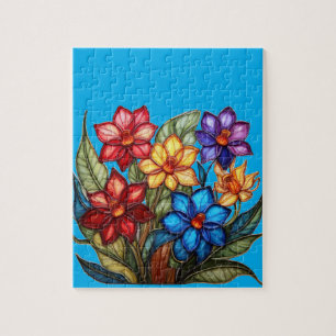 Vibrant Stained Glass Floral Bouquet Illustration Jigsaw Puzzle
