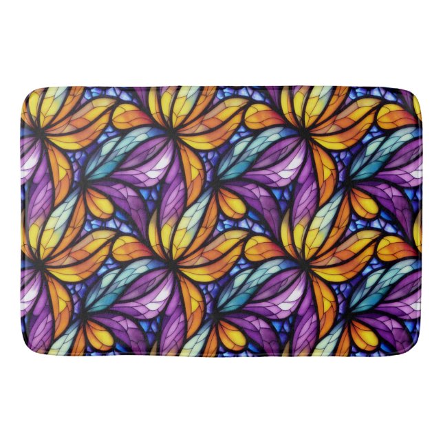 Vibrant Stained Glass Floral: Colorful Design Bath Mat (Front)