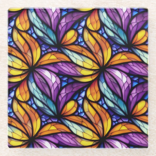 Vibrant Stained Glass Floral: Colorful Design Coaster (Front)