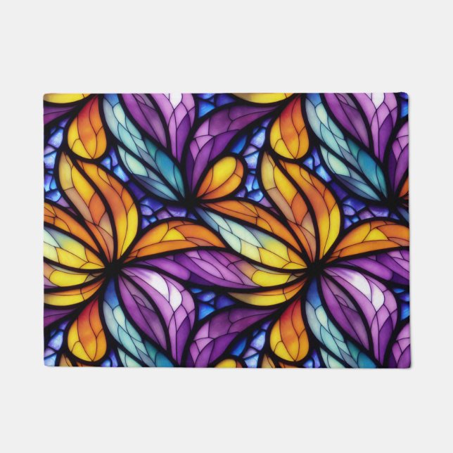 Vibrant Stained Glass Floral: Colorful Design Doormat (Front)