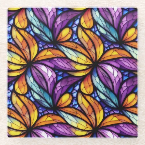 Vibrant Stained Glass Floral Colorful Design Glass Coaster