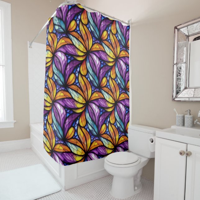 Vibrant Stained Glass Floral: Colorful Design Shower Curtain (In Situ)