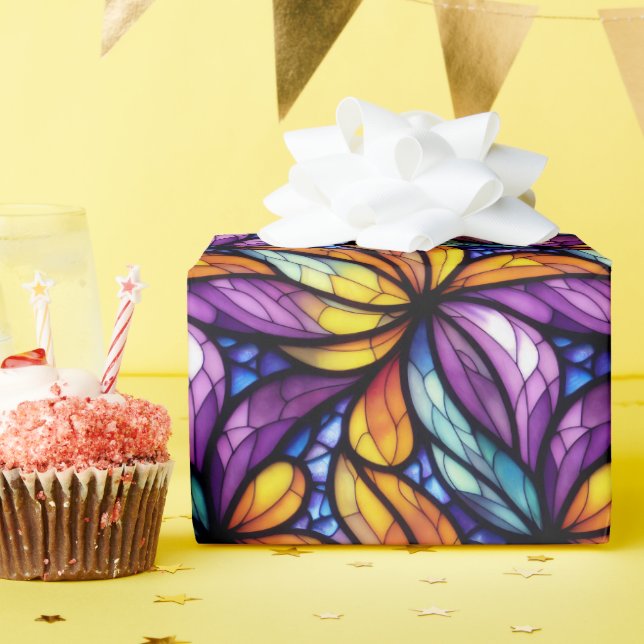 Vibrant Stained Glass Floral: Colorful Design Wrapping Paper (Birthday Party)