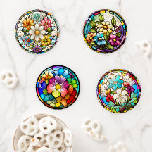 Vibrant Stained Glass Floral Set of Four