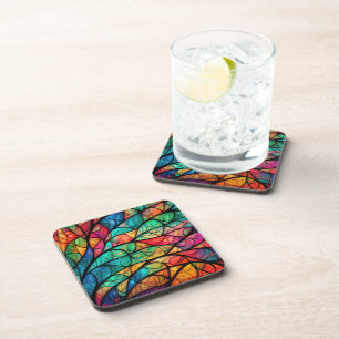 Vibrant Stained Glass Foliage Hard Plastic  Beverage Coaster
