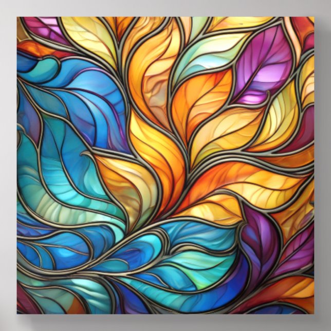 Vibrant Stained Glass Leaves - Decorative Artwork Acrylic Photo Tile (Front Set)