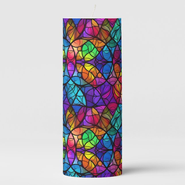 Vibrant Stained Glass Rainbow Pattern Pillar Candle (Front)