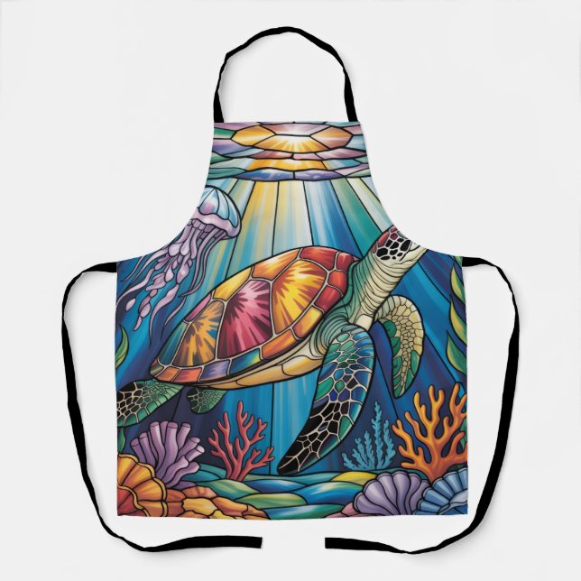 Vibrant Stained Glass Sea Turtle Ocean Design Apron (Front)