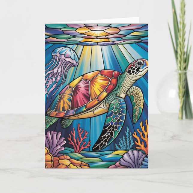 Vibrant Stained Glass Sea Turtle Ocean Design Card (Front)