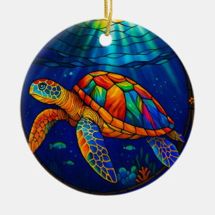 Vibrant Stained Glass Sea Turtle Ocean Design Ceramic Ornament