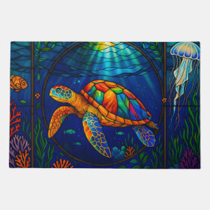 Vibrant Stained Glass Sea Turtle Ocean Design Doormat