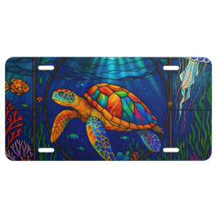 Vibrant Stained Glass Sea Turtle Ocean Design License Plate