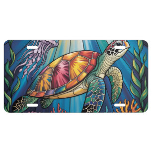 Vibrant Stained Glass Sea Turtle Ocean Design License Plate