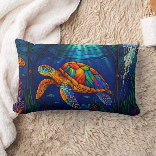 Vibrant Stained Glass Sea Turtle Ocean Design Lumbar Pillow (Blanket)