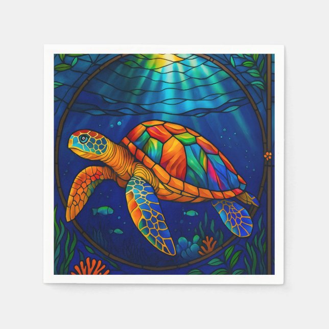 Vibrant Stained Glass Sea Turtle Ocean Design Napkins (Front)