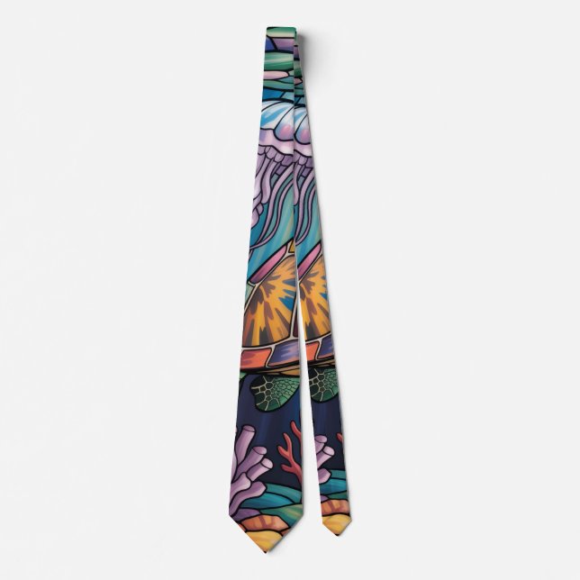 Vibrant Stained Glass Sea Turtle Ocean Design Neck Tie (Front)