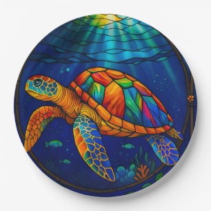 Vibrant Stained Glass Sea Turtle Ocean Design Paper Plates