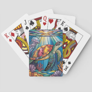 Vibrant Stained Glass Sea Turtle Ocean Design Poker Cards