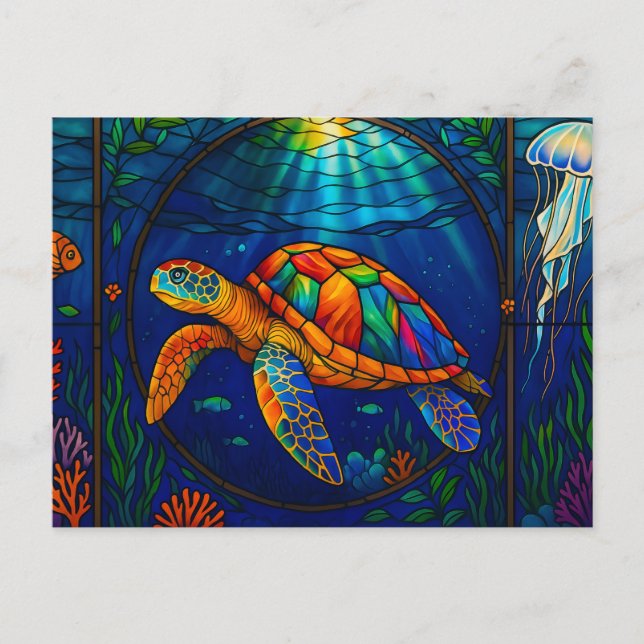 Vibrant Stained Glass Sea Turtle Ocean Design Postcard (Front)