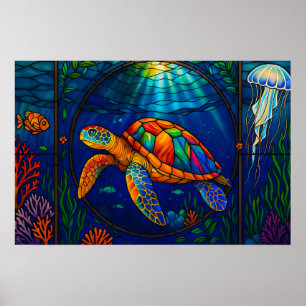 Vibrant Stained Glass Sea Turtle Ocean Design Poster