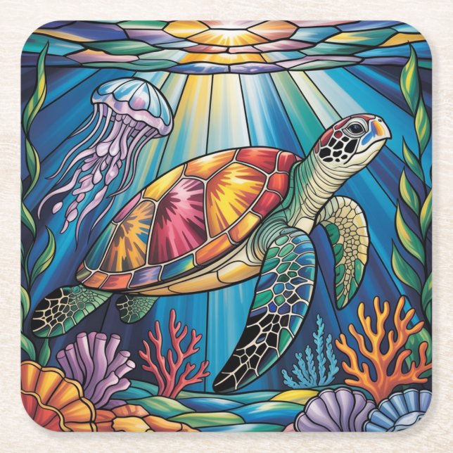 Vibrant Stained Glass Sea Turtle Ocean Design Square Paper Coaster (Front)