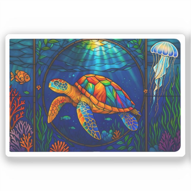 Vibrant Stained Glass Sea Turtle Ocean Design Sticker (Front)