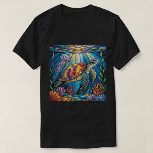 Vibrant Stained Glass Sea Turtle Ocean Design T-Shirt