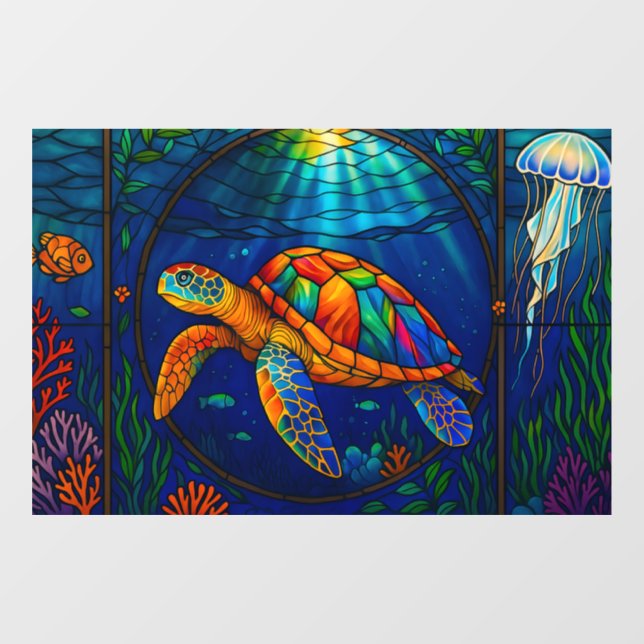 Vibrant Stained Glass Sea Turtle Ocean Design Window Cling (Sheet)