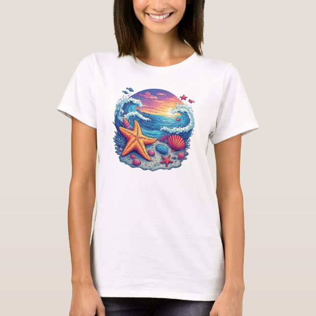 Vibrant Starfish On Beach With Ocean Waves T-Shirt (Front)