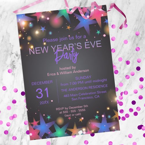 Vibrant Stars and Lights on Black New Years Party Invitation