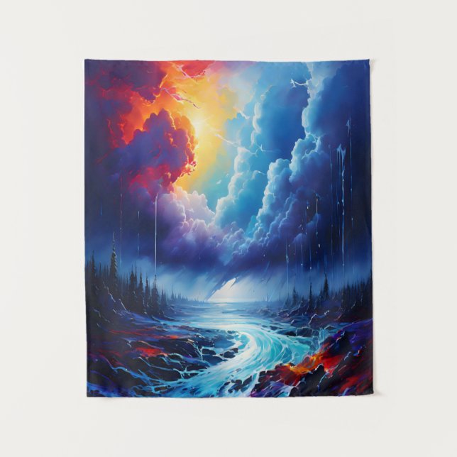 Vibrant Stormy Sky Abstract River Landscape Art Tapestry (Front)