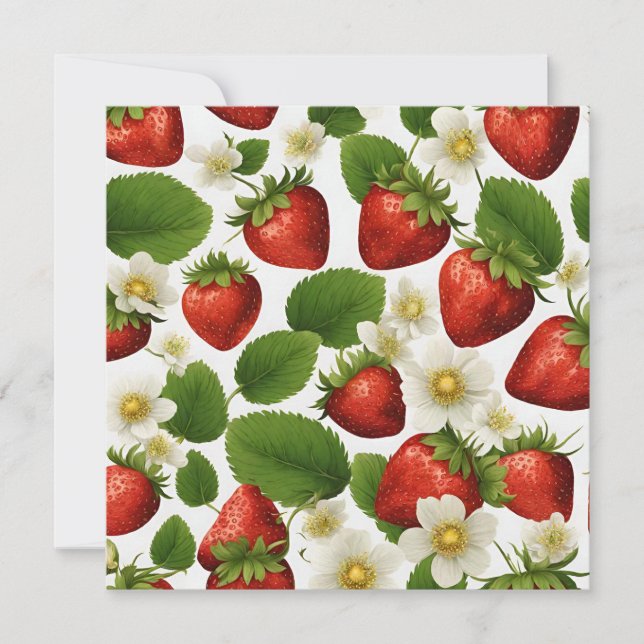 Vibrant Strawberries, Leaves and Flowers  Card (Front)