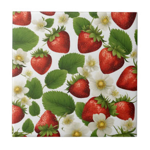 Vibrant Strawberries, Leaves and Flowers  Ceramic Tile