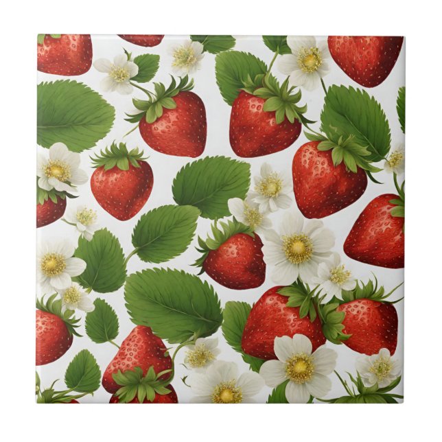 Vibrant Strawberries, Leaves and Flowers  Ceramic Tile (Front)